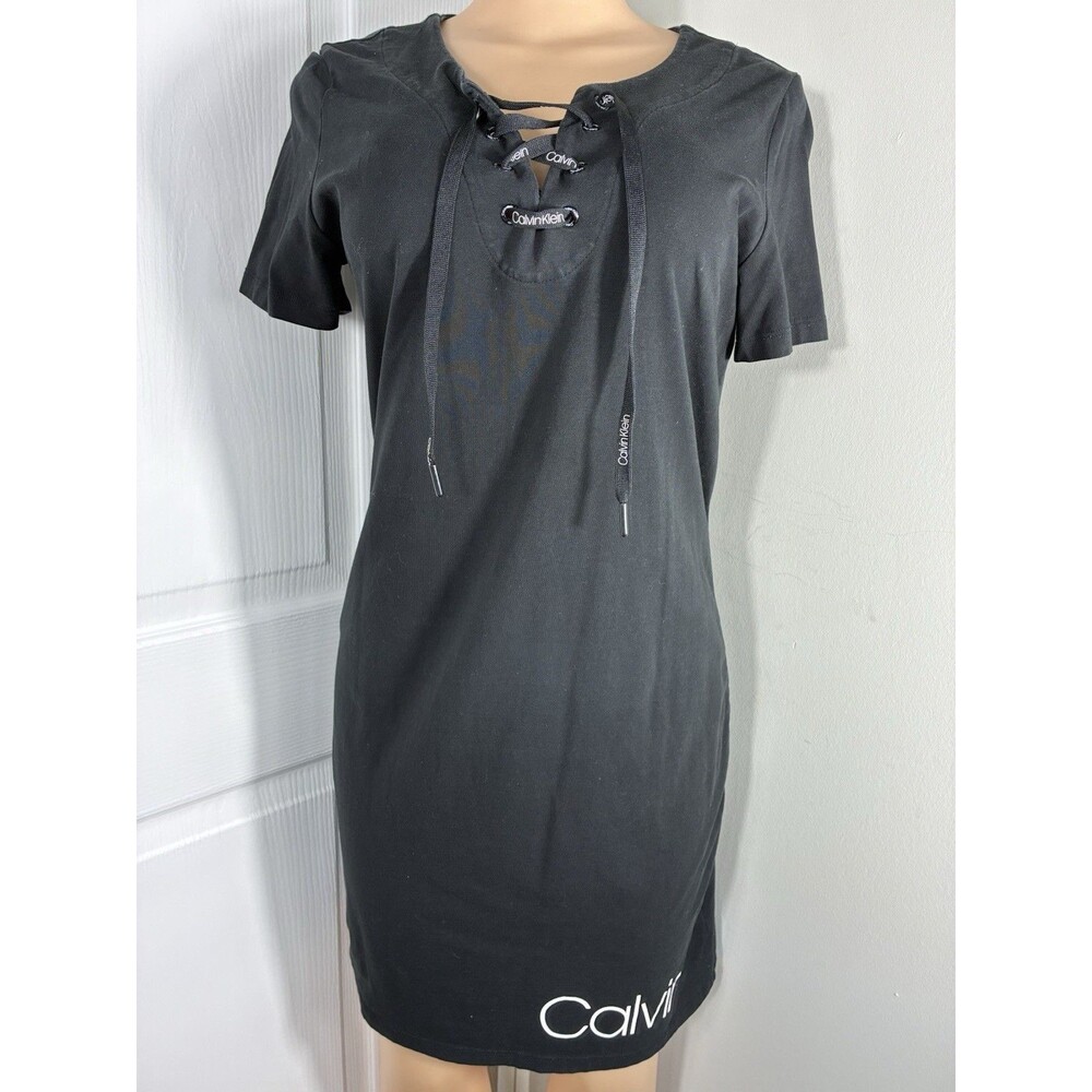 Calvin Klein Womens Dress Sz M Black LaceUp Logo TShirt knee length Short Sleeve